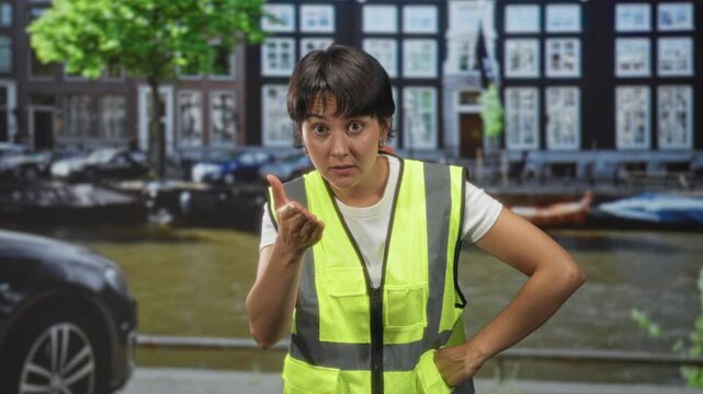Woman in yellow safety vest pointing hand forward with palm up and hand on hip on street; frustration warning caution alert.