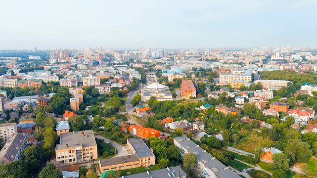 Ryazan, Russia. General panorama of the city. Lybidsky boulevard. Pedestrianized street. Drone footage