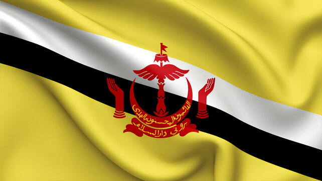 Dynamic Brunei flag waving majestically, showcasing national pride and rich heritage with vibrant colors and intricate emblem