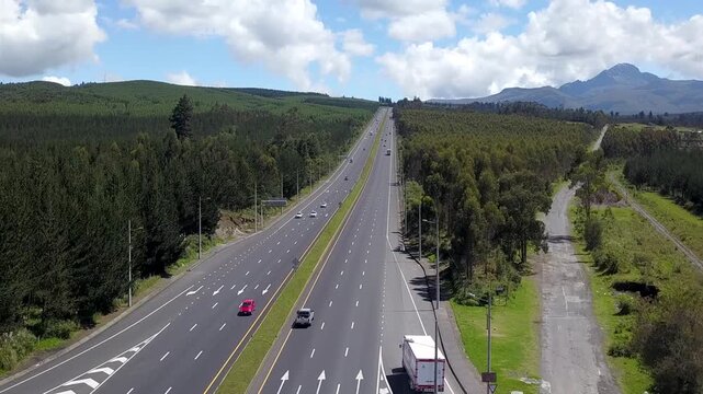 Aerial view of the Pan-American Highway E35 crossing the Andes, Ecuador.