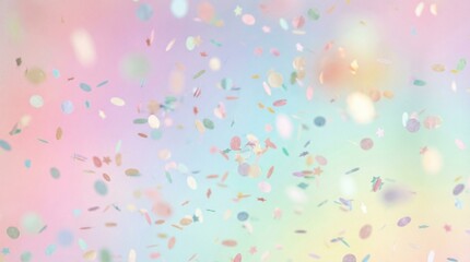 Vibrant pastel confetti in various shapes floats gracefully in mid-air against a soft, dreamy...