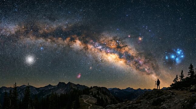 Panoramic view of the vibrant Milky Way galaxy arching over majestic mountains with a photographer capturing the moment