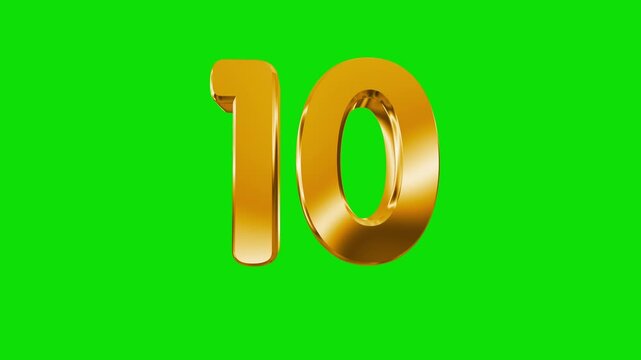 3D Gold Number 10 Animation on Green Screen Background Loop Chroma Key