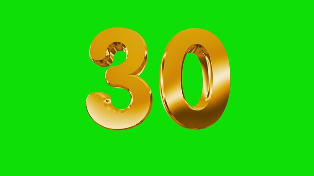 3D Gold Number 30 Animation loop on Green Screen Background