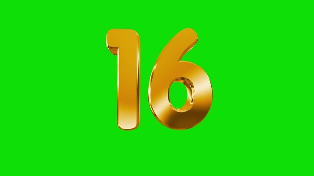 3D Gold Number 16 Animation loop on Green Screen Background