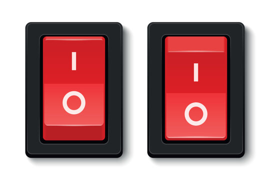 Vector 3d Red Rocker Power Switch Set. On and Off Toggle Button for Electricity Control Pane. Realistic 3d Electrical Switch Vector Illustration. Device Power Icons, Isolated