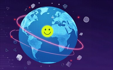 Naklejka premium Smiling sun orbits Earth surrounded by geometric shapes and digital