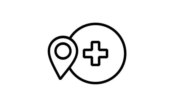 Hospital location pin line icon animation with medical cross for pharmacy clinic and healthcare navigation.