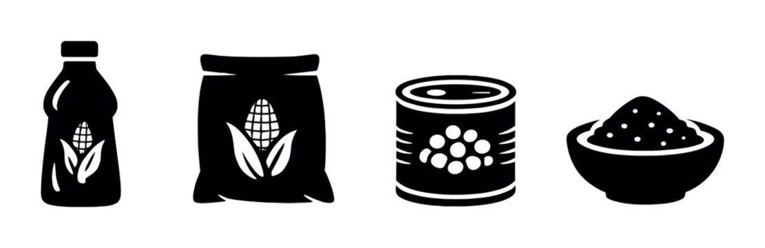 Corn kernels and canned product beside bowl on dark background