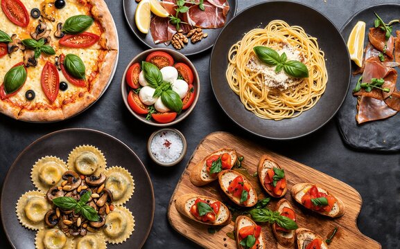 A vibrant Italian meal spread with pizza pasta caprese and bruschetta