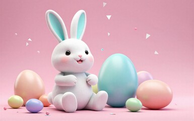 Obraz premium Cute white bunny sits among colorful Easter eggs on soft pink