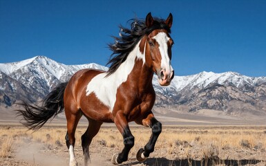 Obraz premium Brown and white horse stands bold against snowy mountains under clear