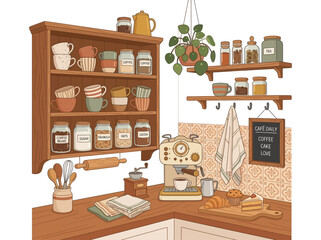 Cozy Kitchen Scene with Coffee Machine, Pastries, and Shelves Filled with Jars and Mugs © Satya
