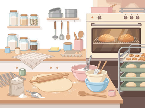 Cozy kitchen scene depicting the process of baking bread and cookies, with ingredients and tools spread across a wooden countertop