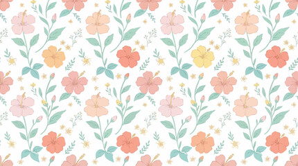 Fototapeta premium Pastel Floral Seamless Pattern with Peach and Coral Blossoms and Green Leaves in Watercolor Design.