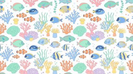 Naklejka premium Colorful Underwater Coral Reef Pattern with Fish and Sea Life Motifs.