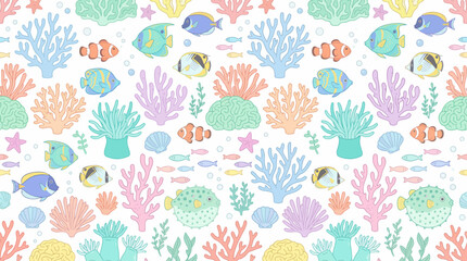 Fototapeta premium Vibrant Coral Reef Pattern with Multicolored Sea Fans and Underwater Plants.