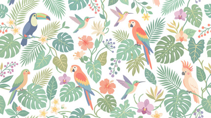 Naklejka premium Vibrant tropical birds among lush rainforest foliage and tropical leaves with colorful plumage and exotic perches.