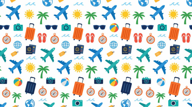 Vibrant travel pattern featuring airplanes, luggage, and tropical imagery.