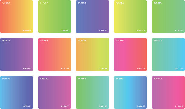 Vibrant gradient color palette collection, set of 15 colorful square swatches with hex codes, modern aesthetic color guide for digital design, professional UI UX branding color scheme