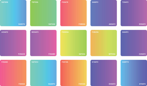Vibrant gradient color palette collection, set of 15 colorful square swatches with hex codes. Modern soft mesh gradient backgrounds for UI design, branding, and digital art projects.