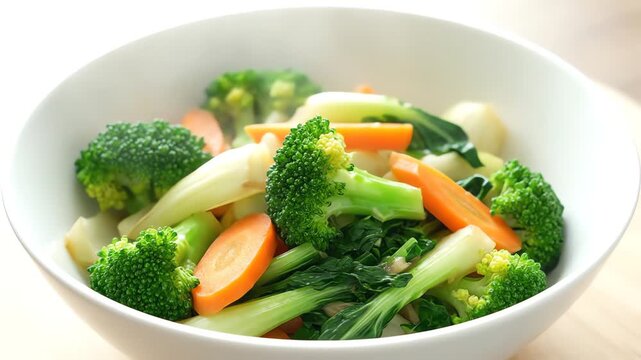A white bowl filled with freshly steamed vegetables, including bright green broccoli florets, orange carrot slices, and bok choy