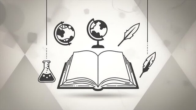 An open book anchors the illustration, surrounded by a globe, laboratory flask, and two quill pens. These elements are interconnected by dashed lines