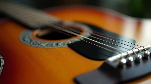 Acoustic guitar details with strings and bridge showcasing craftsmanship. Acoustic guitar features intricate design around sound hole and polished wood surface.