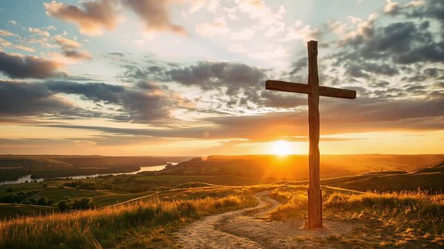 Wooden Christian cross on a hill at sunset, golden and orange tones, Good Friday and resurrection hope