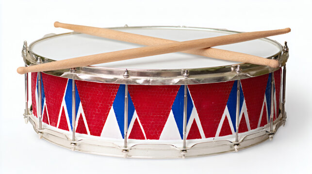 Classic red white blue marching band snare drum features crossed wooden drumsticks upon solid white studio background. Huge clean right space provides patriotic holiday advertising