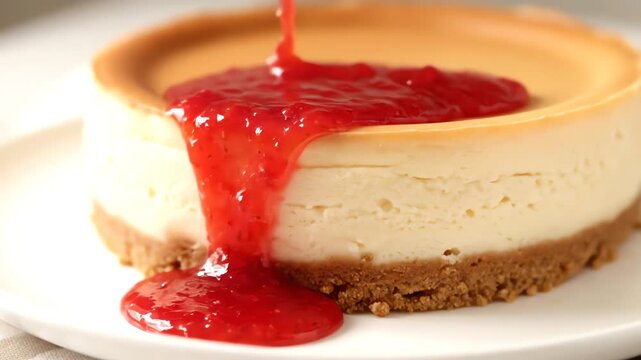 A close-up shot of a round dessert with a graham cracker crust, creamy filling, and a red berry sauce being poured on it