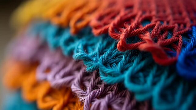 Colorful crochet patterns showcasing vibrant yarn textures in detailed close-up. Beautiful crochet designs display intricate loops and stitches creating rich visual depth,