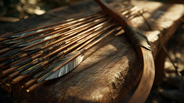 Close up of a bow and arrows resting on a weathered wooden surface in a rustic setting outdoors