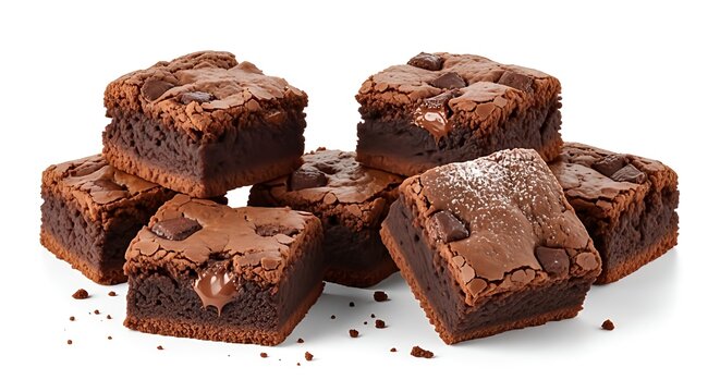 Delicious chocolate brownies stacked on white background with crumbs and gooey chocolate chunks