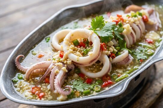 Spicy Thai steamed squid with lime and garlic sauce Pla Muek Nueng Manao macro