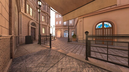 Obraz premium 石畳のある街かど 3DCGレンダリング