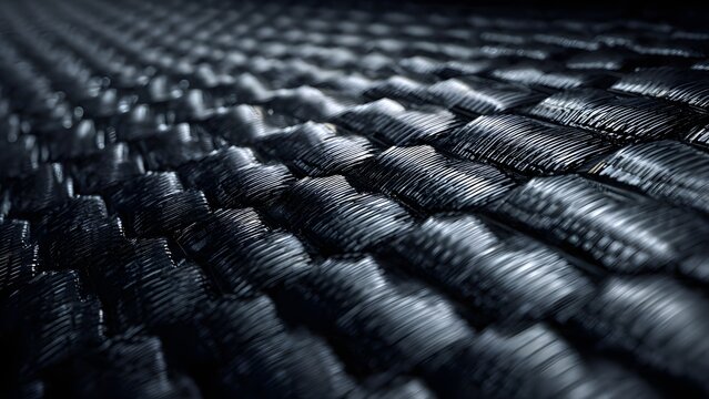 Extreme Close-Up of Metallic Carbon Fiber Weave Texture with Deep Depth of Field and Industrial Glossy Finish