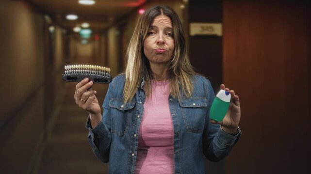Woman holding tooth shade guide and green toothpaste with hands, pursed lips and doubtful expression in building hallway; doubt comparison choice.
