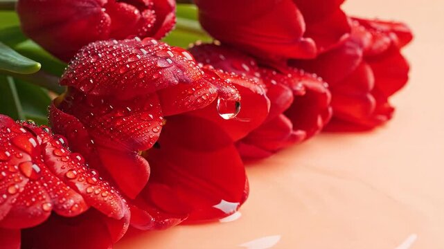 Flat lay of vibrant red tulips covered in fresh dew drops. The floral arrangement is on a soft beige paper background. Gentle lighting creates a delicate and romantic mood for spring.