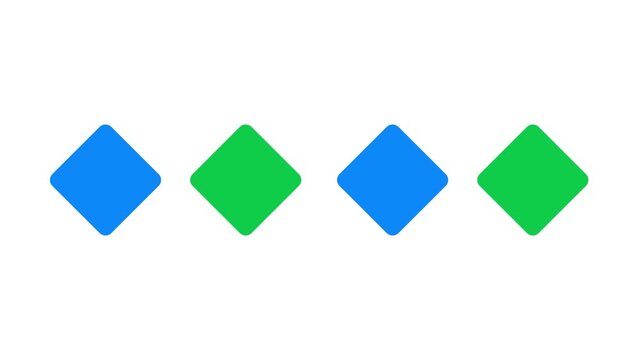 Minimalist animation of four rotating blue and green squares on white background. Clean geometric motion graphic for web UI loading screens.