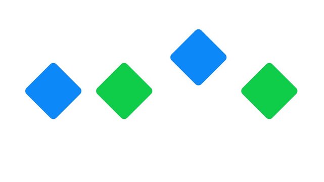 Dynamic jumping animation of blue and green squares on white background. Playful geometric loading progress bar for modern digital interfaces.