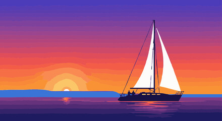 Naklejka premium Yacht sailing on the sea with a vibrant sunset background. Vector illustration of a romantic and peaceful ocean voyage.
