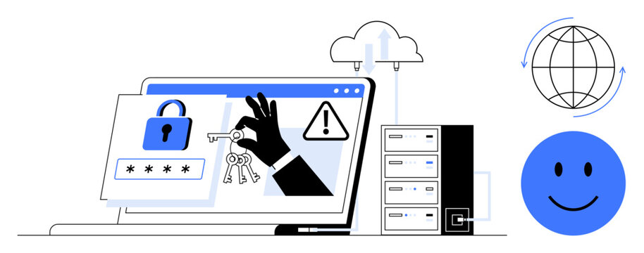Cybersecurity concept. Cybersecurity ensuring data safety with lock icons, secure servers, and online access protection. Cybersecurity vital for cloud computing, IT systems, and online transactions