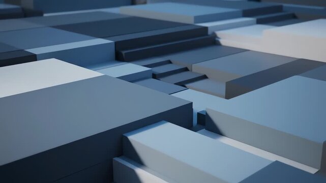 A geometric composition featuring stacked blocks in various shades of blue and gray, some forming steps, creating depth and shadow
