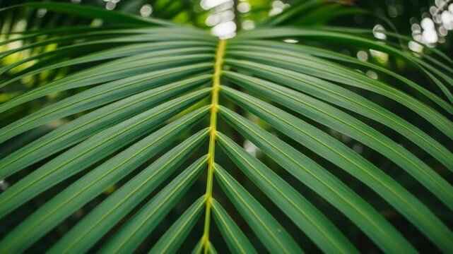 A large green palm leaf with a yellow midrib and numerous leaflets radiating outwards