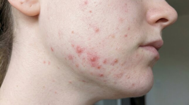 Close-up of facial skin affected by red inflammatory acne and blemishes