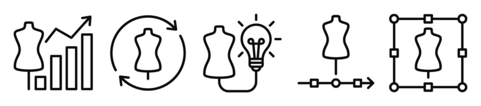Vector icons depicting fashion business growth, iterative design cycles, creative ideas, production workflow, and scalable garment design. Ideal for fashion, textile, and tailoring industry projects.