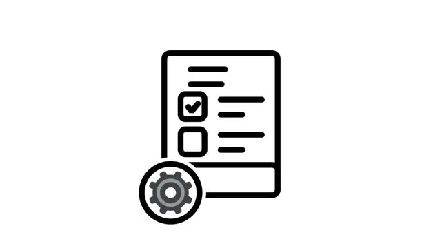 Settings Or Process Document Motion Icon. Animation of a document with checkboxes and a gear icon representing settings or processing tasks.