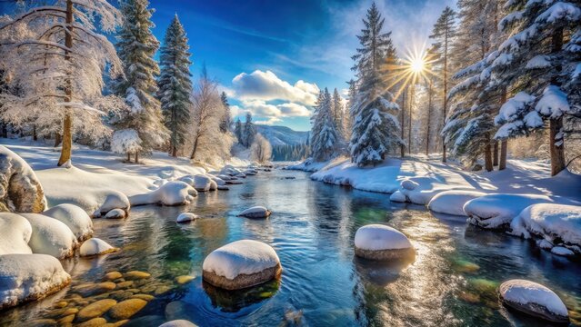 A serene river winds through a winter wonderland, snowcapped rocks and trees creating a picturesque scene