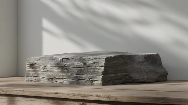 A rectangular stone or concrete block sits on a wooden surface against a white wall with shadows